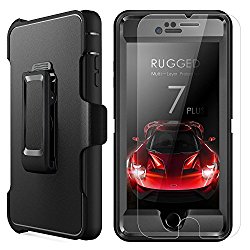 iPhone 7 Plus Case,MBLAI Glass Screen Protection+Heavy Duty Defense Case 4 Layers Rugged Rubber Shock Absorbent Drop Proof with Belt-Clip Holder Case Cover for iPhone 7 Plus[5.5 inch],Black
