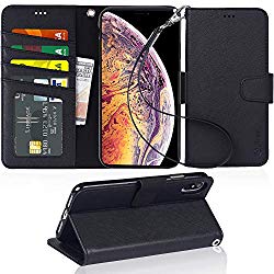 iPhone Xs Max Case, Arae PU Leather Wallet case [Stand Feature] Wrist Strap [4-Slots] ID&Credit Cards Pocket iPhone Xs Max 6.5″ – Black