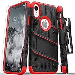 Zizo Bolt Series Compatible with iPhone XR Case Military Grade Drop Tested with Tempered Glass Screen Protector Holster and Kickstand Black RED