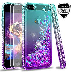 iPhone 5S Case, iPhone SE Case with [2 Pack] Tempered Glass Screen Protector for Girls Women, LeYi Glitter Bling Liquid Quicksand TPU Protective Phone Case for iPhone 5 ZX Gradient Teal/Purple