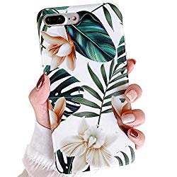 iPhone 8 Plus Case, 7 Plus Case for Girls, ooooops Green Leaves with White&Brown Flowers Pattern Design,Slim Fit Clear Bumper Soft TPU Full-Body Protective Cover for iPhone 7Plus 8Plus(Leaves&Flowers)
