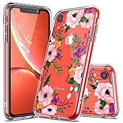 iPhone XR Case, LUHOURI Clear iPhone XR Case, Girls Women Pink Floral Heavy Duty Protective Hard PC Back Case with Shockproof Slim TPU Bumper Cover Phone Case for iPhone XR