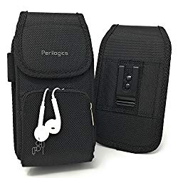 Perilogics Belt Holster for iPhone 11, 11 Pro Max, Xs Max, Xr, 8 Plus with Armor Type Phone Cases. Strong Velcro Closure with Dual Directional Zipper Storage and Credit Card Pocket. (Black/Velcro)