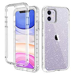 LONTECT for iPhone 11 Case Built-in Screen Protector Glitter Clear Sparkly Bling Rugged Shockproof Hybrid Full Body Protective Case Cover for Apple iPhone 11 6.1 2019, Clear/Silver Glitter